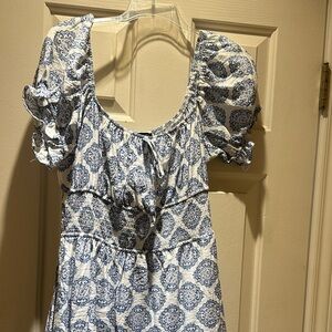 Blue & White Medallion Print Ruffle-Top Dress